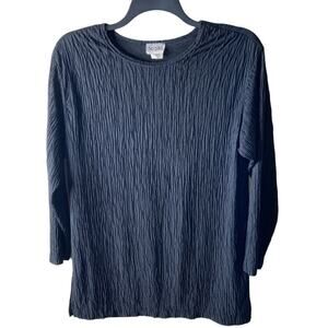 Sequel Black Crinkle Vintage Tunic Top Women L Long Sleeve Round Neck Casual USA